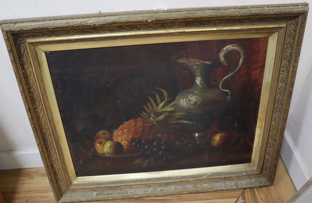 19th century English School, oil on canvas laid on board, Still life of fruit and a ewer on table top, 44 x 61cm